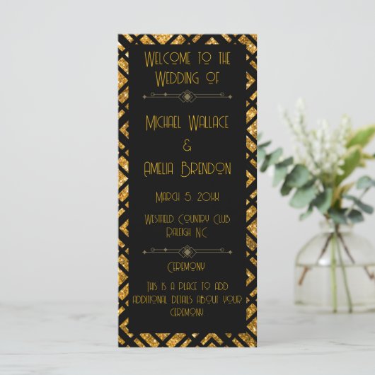 Art Deco Zwart en Goud Trouwprogramma (Staand voorkant)