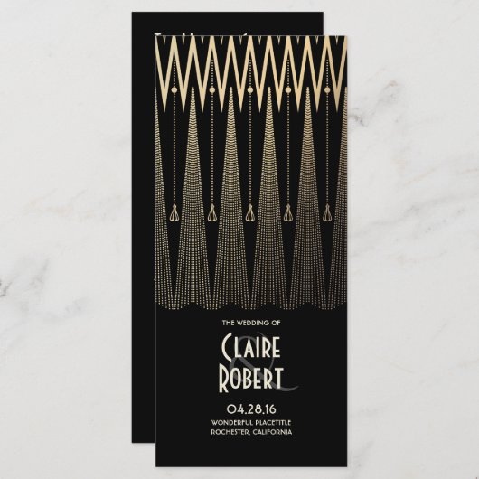 Art Deco  Zwart en Goud Trouwprogramma's Programmakaart (Voorkant / Achterkant)