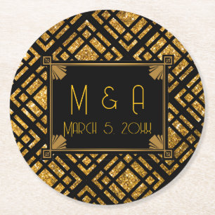 Art Deco Zwart en Goud Trouwronde Onderzetter