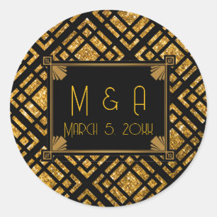 Art Deco Zwart en Goud Trouwronde Stickers