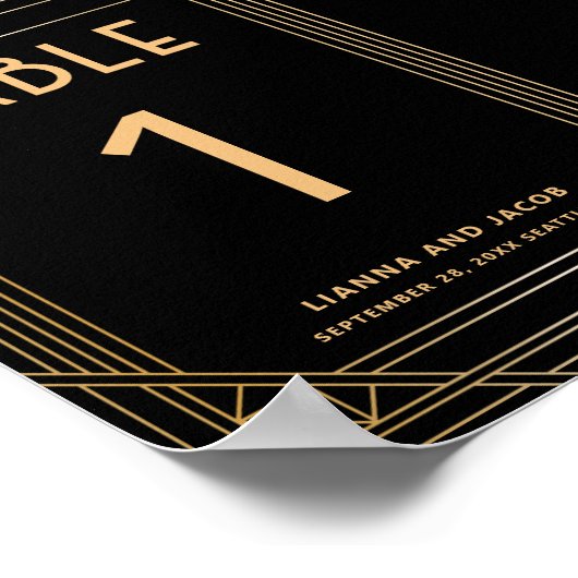 Art Deco Zwart en Goud Trouwtafel Nummer Teken Poster (Hoek)
