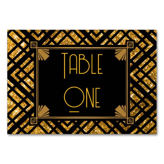 Art Deco Zwart en Goud Trouwtafel Nummers Kaart (Voorkant)