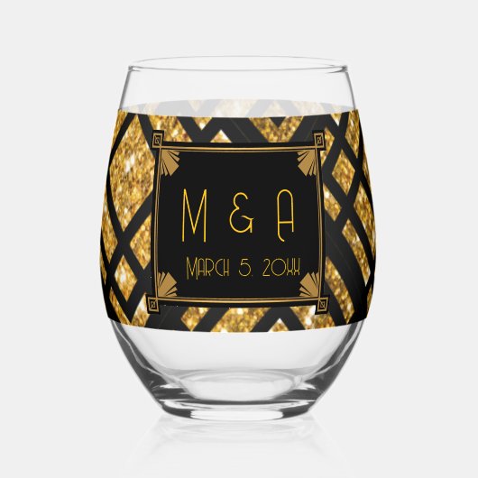 Art Deco Zwart en Goud Trouwwijnglas Wijnglas Zonder Voet (Achterkant)