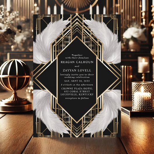 Art Deco Zwart en Goud Veer Trouwen Kaart