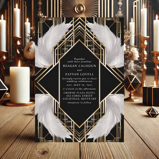 Art Deco Zwart en Goud Veer Trouwen Kaart