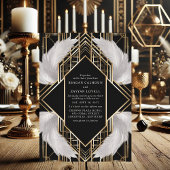 Art Deco Zwart en Goud Veer Trouwen Kaart