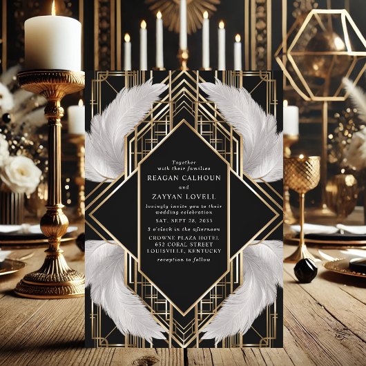 Art Deco Zwart en Goud Veer Trouwen Kaart