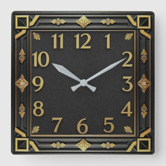 Art Deco Zwart en goud Vierkante Klok (Voorkant)