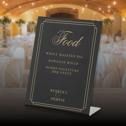 Art Deco Zwart en Goud Voedsel Menu Reclamebord Met Voetstuk