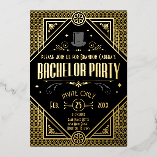 Art Deco Zwart en Goud Vrijgezellenfeest Folie Uitnodiging (Voorkant)