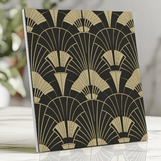 Art Deco Zwart en Goud waaierpatroon Tegeltje
