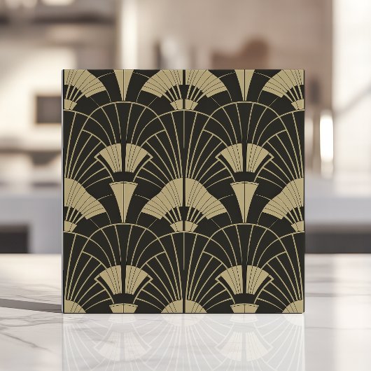 Art Deco Zwart en Goud waaierpatroon Tegeltje