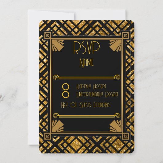 Art Deco Zwart en Goud Wedding RSVP Card (Voorkant)