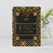 Art Deco Zwart en Goud Wedding RSVP Card (Staand voorkant)
