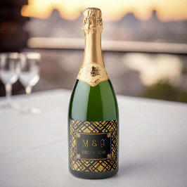Art Deco Zwart en Goud Wedding Wijnfles Label Sparkling Wijnetiket