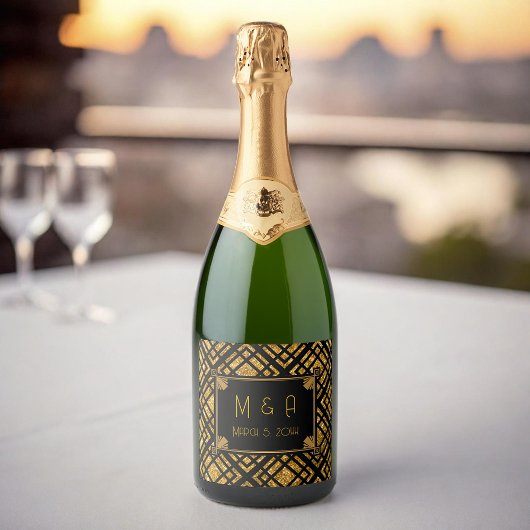 Art Deco Zwart en Goud Wedding Wijnfles Label Sparkling Wijnetiket