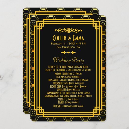 Art Deco Zwart en Gouden Huwelijksprogramma's Programmakaart (Voorkant / Achterkant)