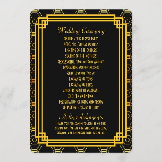 Art Deco Zwart en Gouden Huwelijksprogramma's Programmakaart (Achterkant)