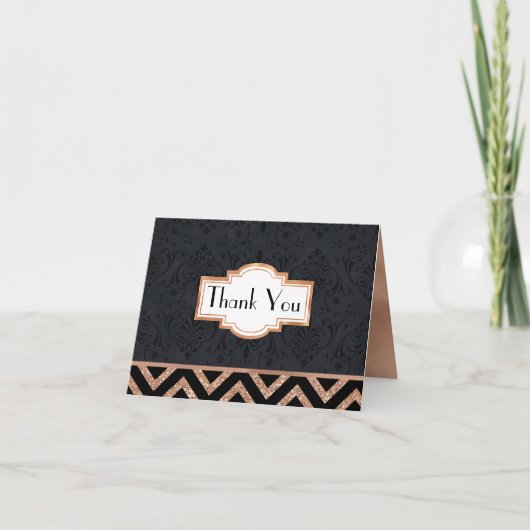 Art Deco Zwart en Roos Gold Look Dank je Kaart (Voorkant)