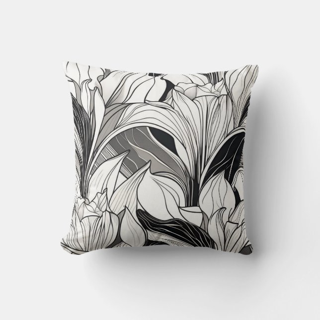Art Deco Zwart en Wit Bloemen Kussen (Voorkant)
