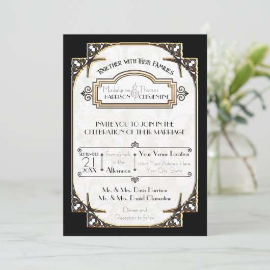 Art Deco Zwart en Wit Goud Typografie Bruiloft Kaart (Staand voorkant)