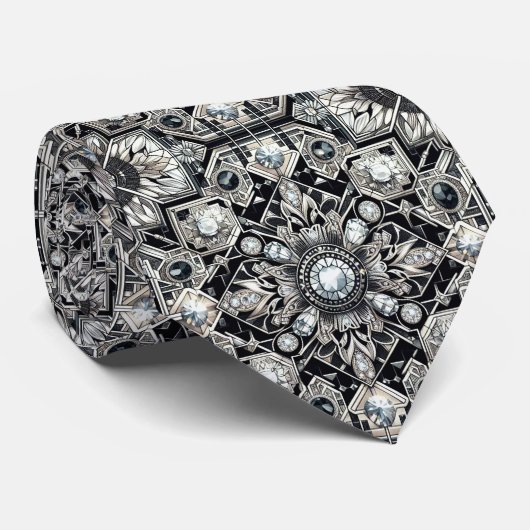 Art Deco Zwart en Witte Diamanten Stropdas (Opgerold)