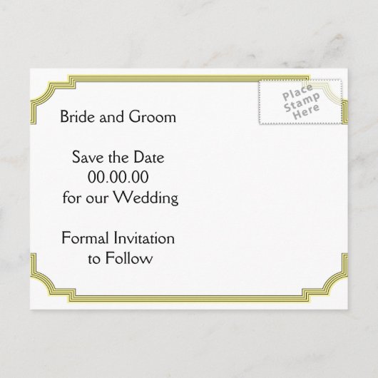 Art Deco zwart geel bruiloft Save the Date Aankondigingskaart (Achterkant)