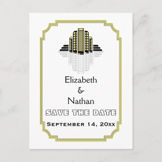 Art Deco zwart geel bruiloft Save the Date Aankondigingskaart (Voorkant)