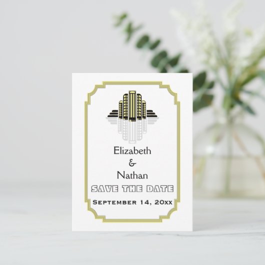 Art Deco zwart geel bruiloft Save the Date Aankondigingskaart (Staand voorkant)