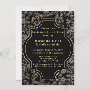 Art Deco Zwart Goud Bloem Bruidsmeisjes Luncheon Kaart