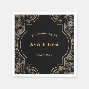 Art Deco Zwart Goud Bloemen Bruiloft Servet