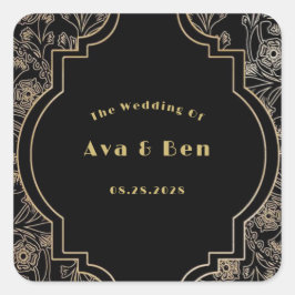 Art Deco Zwart Goud Bloemen Bruiloft Vierkante Sticker