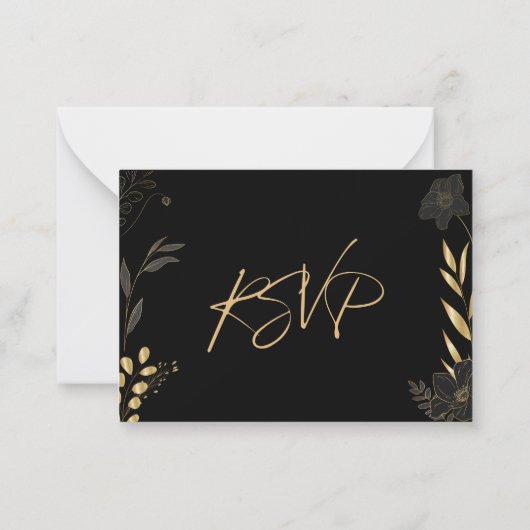 Art Deco Zwart Goud Bloemen Elegante Bruiloft RSVP Notitiekaartje (Achterkant)