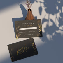 Art Deco Zwart Goud Bloemen Elegante Bruiloft RSVP