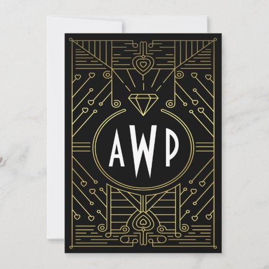 Art Deco  Zwart & Goud Bruiloft Uitnodigingen (Achterkant)