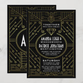 Art Deco  Zwart & Goud Bruiloft Uitnodigingen (Voorkant / Achterkant)