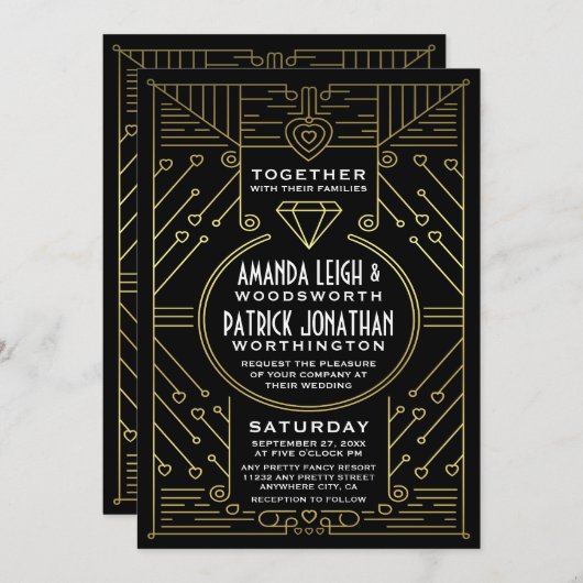 Art Deco  Zwart & Goud Bruiloft Uitnodigingen (Voorkant / Achterkant)