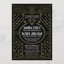 Art Deco  Zwart & Goud Bruiloft Uitnodigingen