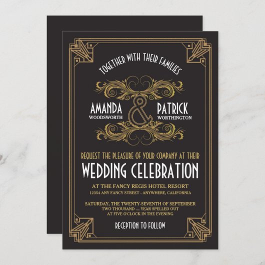 Art Deco  Zwart & Goud Bruiloft Uitnodigingen (Voorkant / Achterkant)