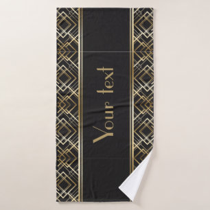 Art deco, zwart, goud, elegant, chic, monogram kla badhanddoek