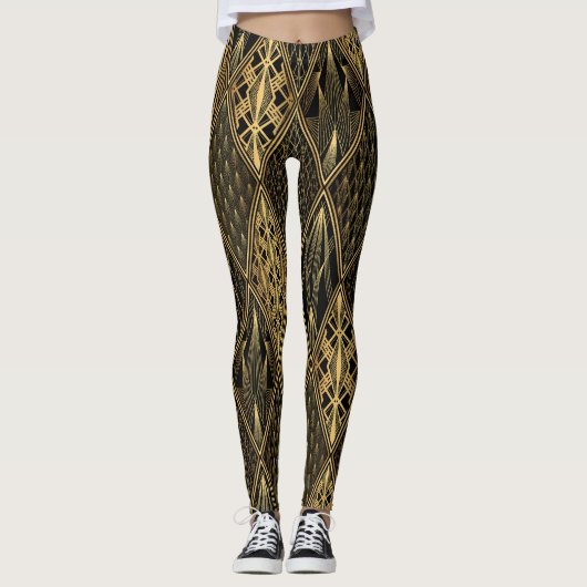 Art Deco Zwart Goud Elegantie Leggings (Voorkant)