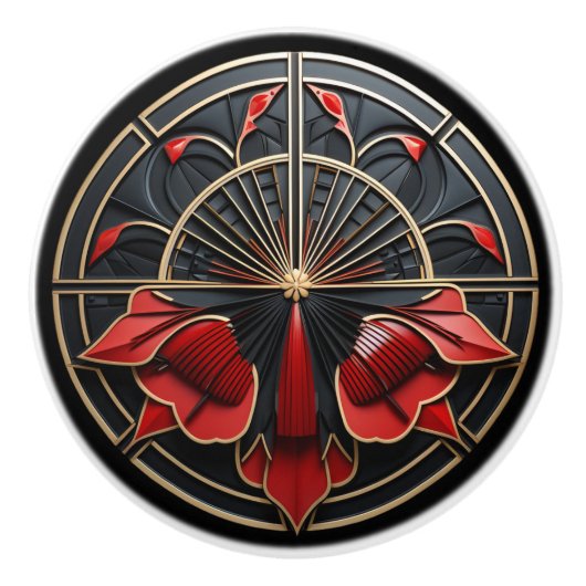Art Deco Zwart, Goud en Rood Art Nouveau Keramische Knop (Voorkant)