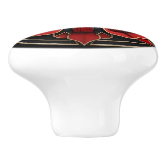 Art Deco Zwart, Goud en Rood Art Nouveau Keramische Knop (Zijkant)