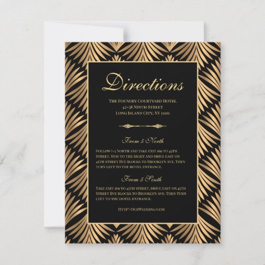 Art Deco Zwart Goud Gatsby Trouwaanwijzingen Kaart (Voorkant)