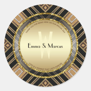 Art Deco Zwart Goud Geometrie Trouw Speciale Gebeu Ronde Sticker
