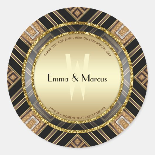Art Deco Zwart Goud Geometrie Trouw Speciale Gebeu Ronde Sticker (Voorkant)