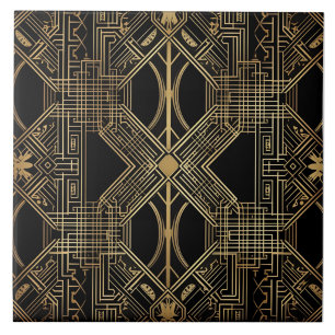 Art Deco, Zwart Goud, Geometrisch Patroon Tegeltje