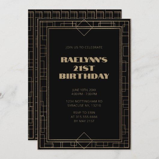 Art Deco Zwart Goud Geometrisch Verjaardagsfeest Kaart (Voorkant / Achterkant)