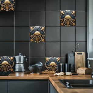 Art Deco Zwart Goud Geometrische Fan Tegeltje