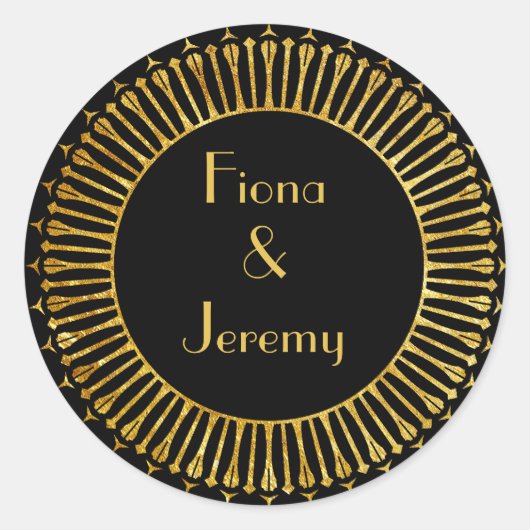 Art Deco Zwart & Goud Gepersonaliseerde Wedding Se Ronde Sticker (Voorkant)